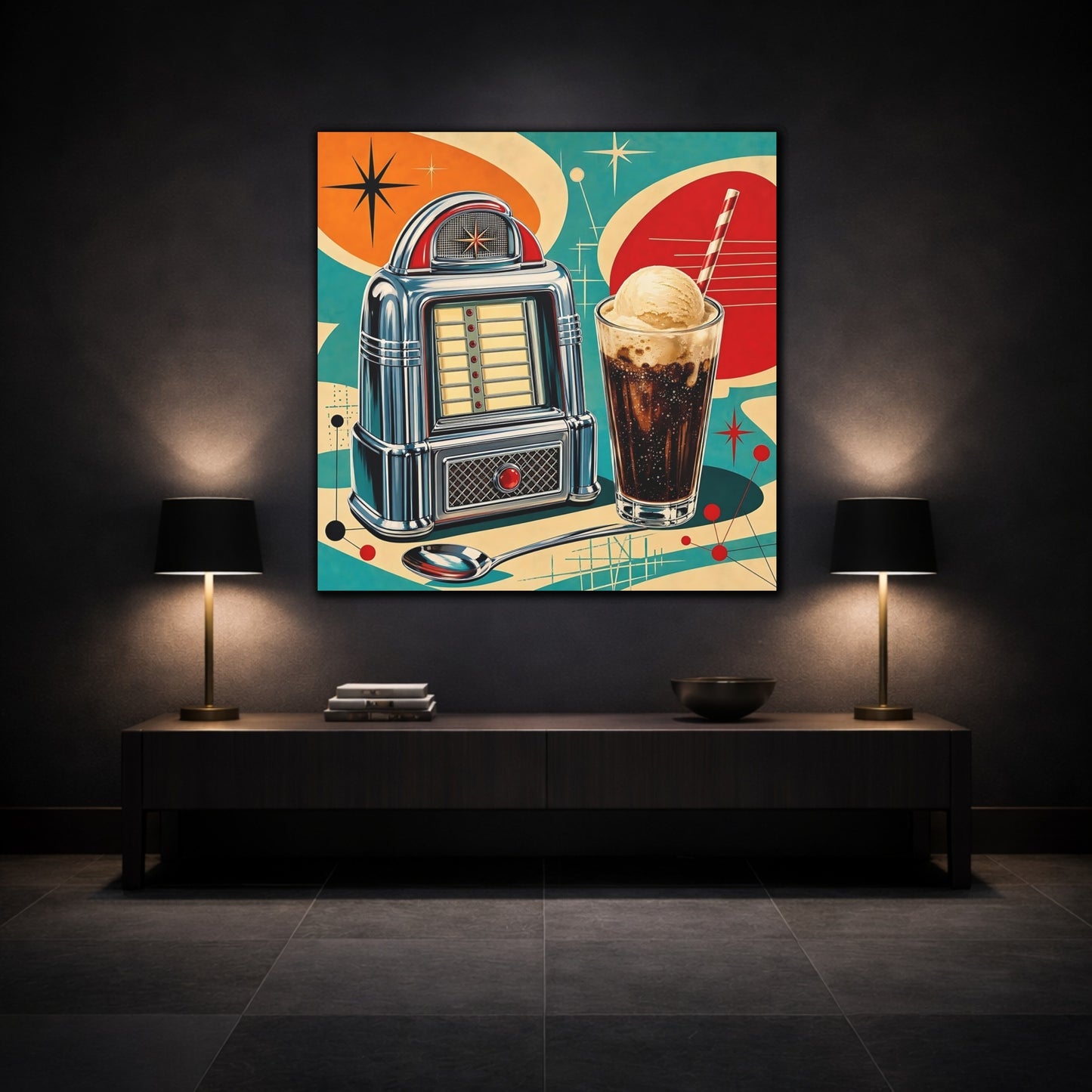 Mockup 3. Vintage Jukebox Retro Diner Jukebox shown as stretched canvas wall art