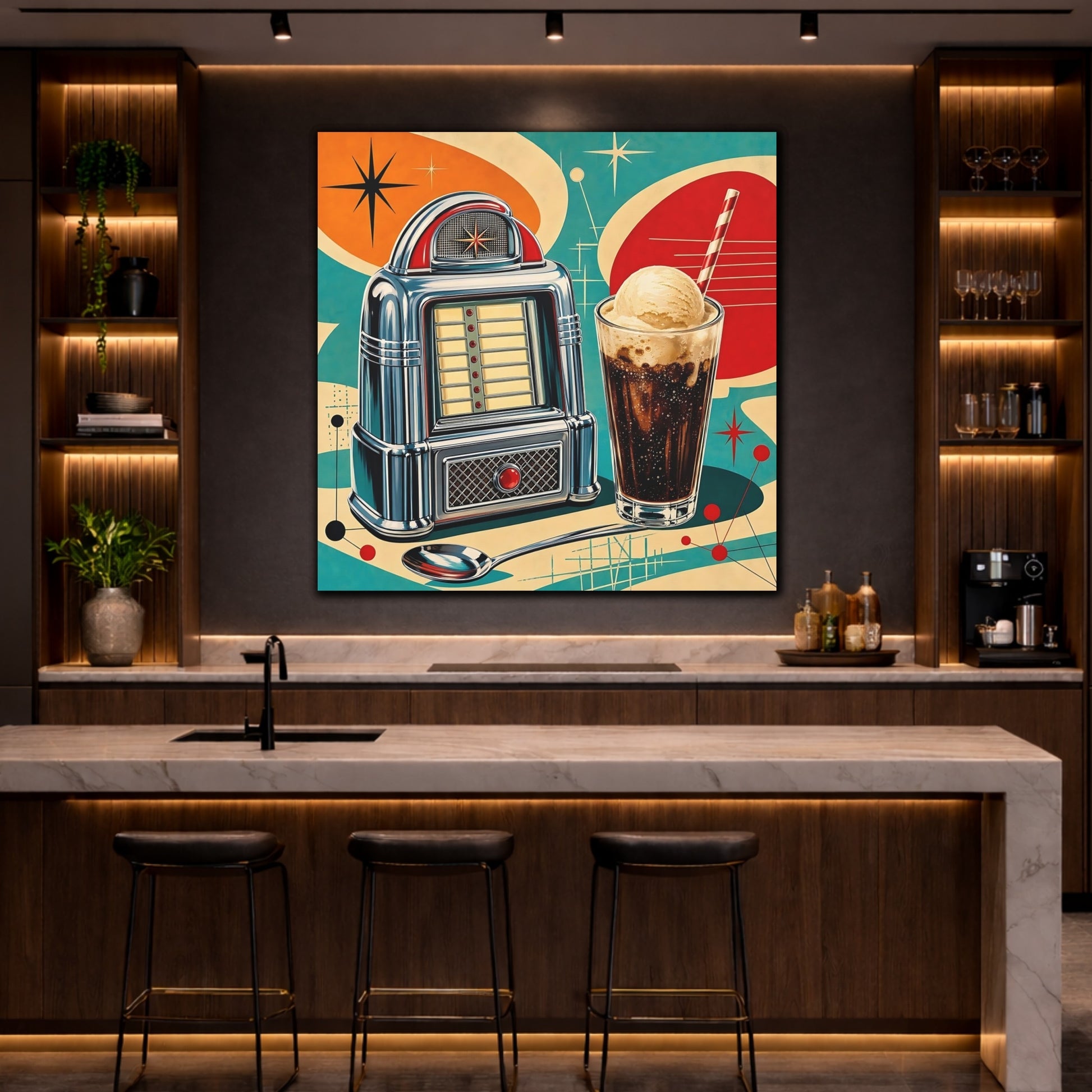 Mockup 4. Vintage Jukebox Retro Diner Jukebox shown as stretched canvas wall art