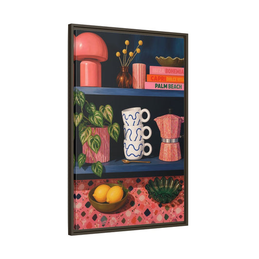 Main Mockup. Vintage Kitchen Decor Pink And Blue shown as framed canvas print