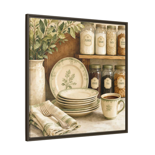Main Mockup. Vintage Kitchen Pantry Green Rustic Kitchen shown as stretched canvas wall art