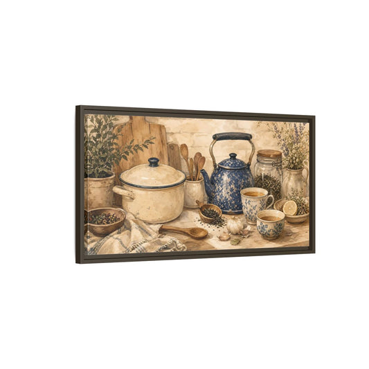 Main Mockup. Vintage Kitchen Still Life Rustic Kitchen Decor shown as framed canvas print