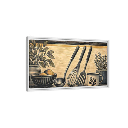 Side Mockup 1. Vintage Kitchen Utensils Rustic Kitchen Utensils shown as framed canvas print