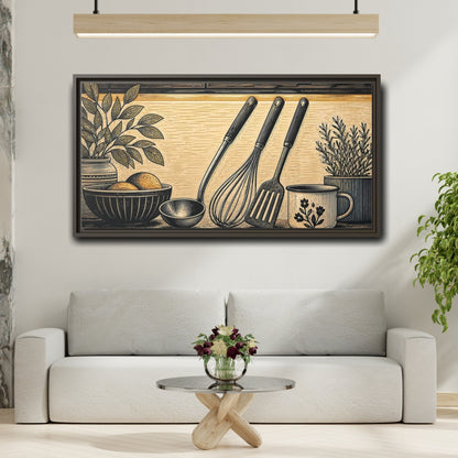 Mockup 2. Vintage Kitchen Utensils Rustic Kitchen Utensils shown as framed canvas print