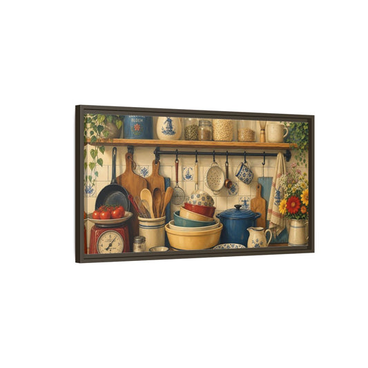 Main Mockup. Vintage Kitchenware Blue Yellow Kitchen shown as framed canvas print