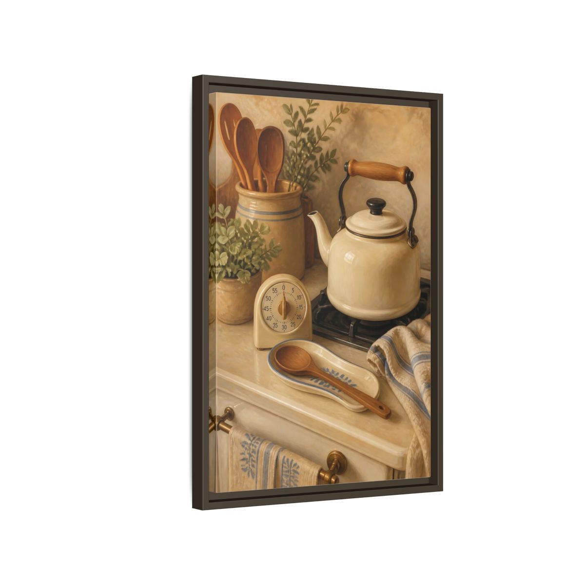 Side Mockup 2. Vintage Kitchenware Cream Kitchenware shown as framed canvas print