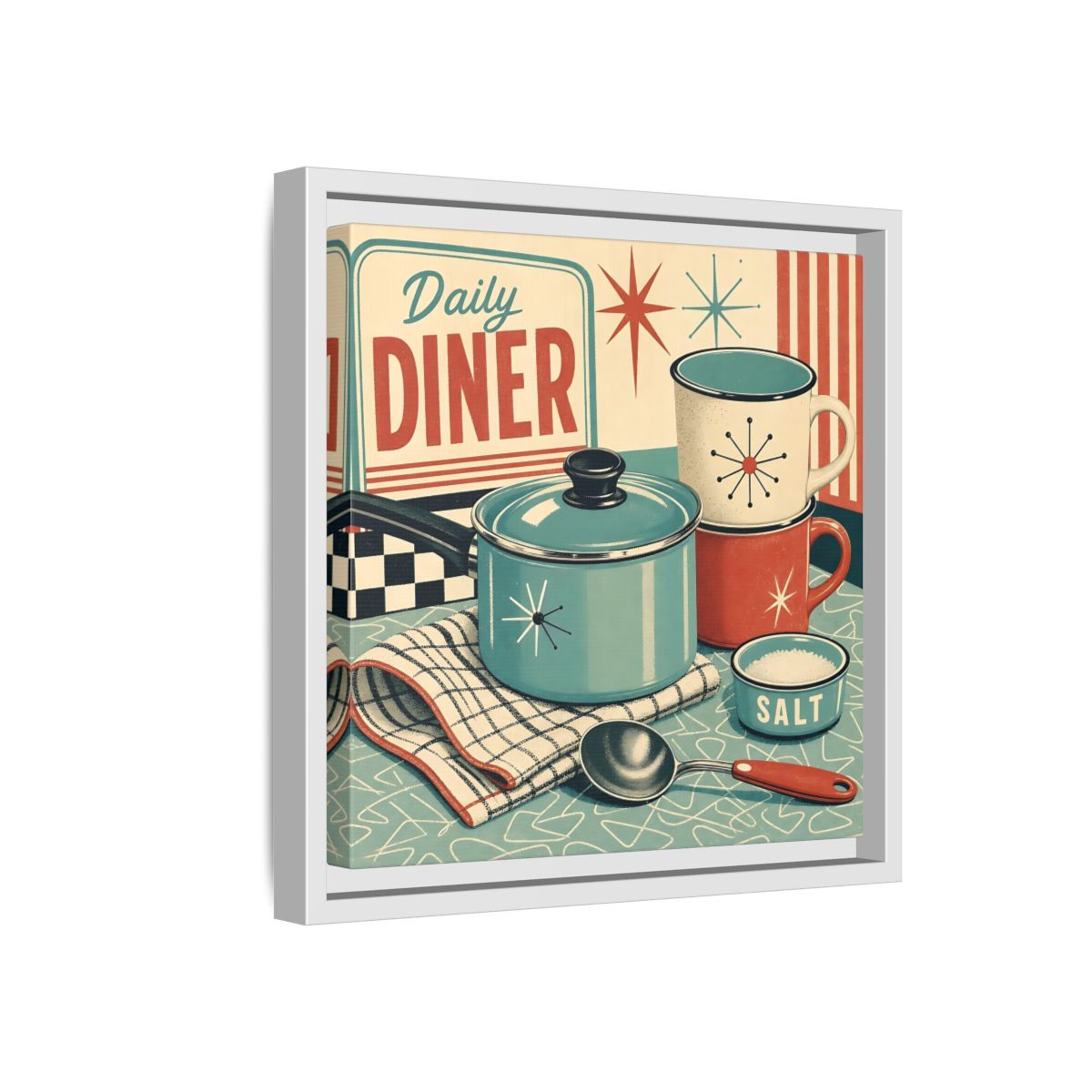 Side Mockup 16. Vintage Kitchenware Retro Kitchenware shown as stretched canvas wall art