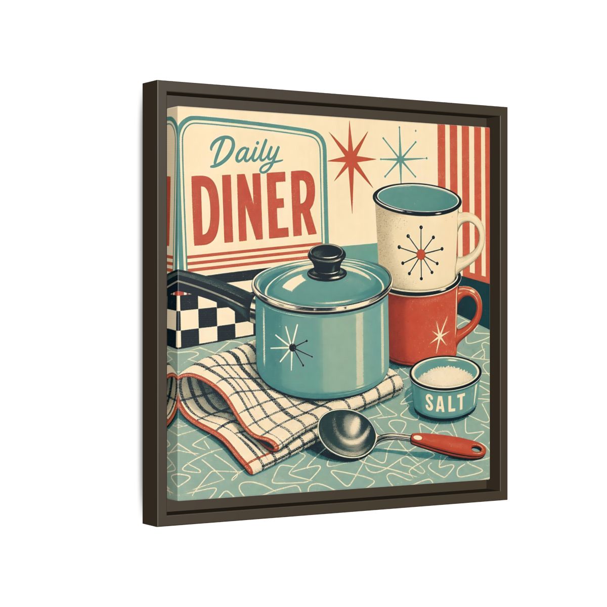 Side Mockup 14. Vintage Kitchenware Retro Kitchenware shown as stretched canvas wall art