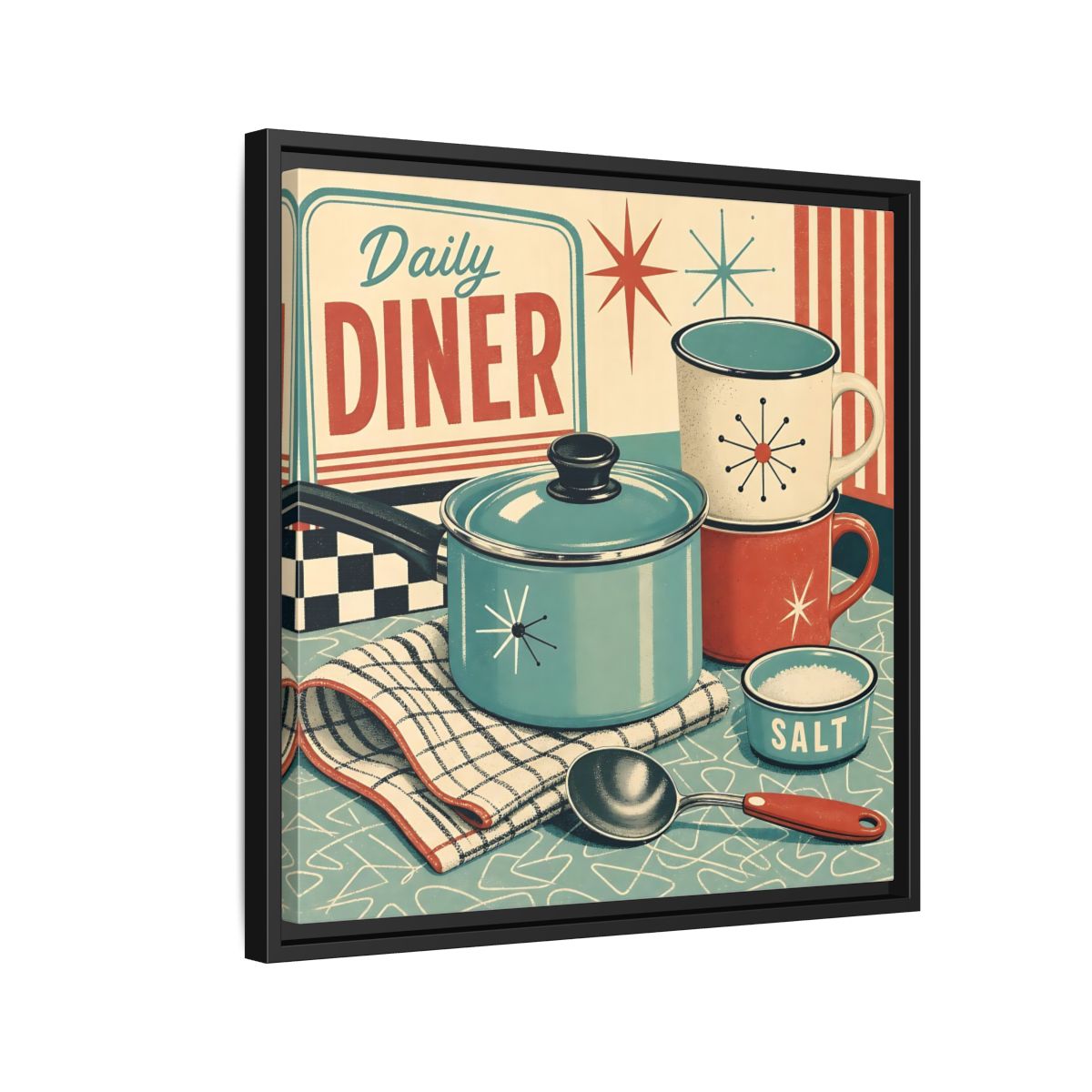 Side Mockup 12. Vintage Kitchenware Retro Kitchenware shown as stretched canvas wall art