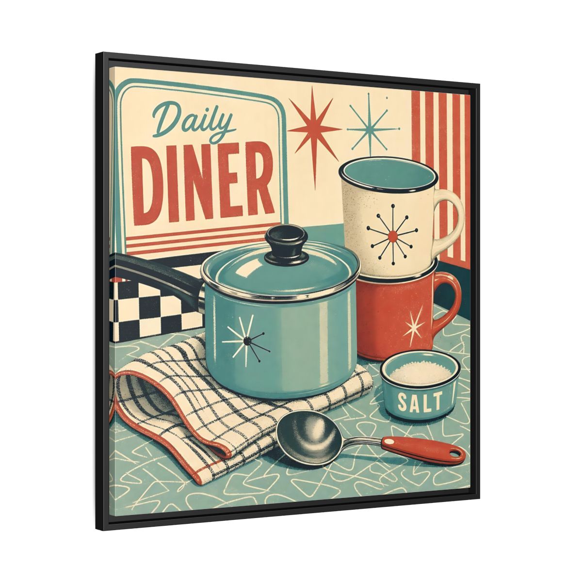 Side Mockup 30. Vintage Kitchenware Retro Kitchenware shown as stretched canvas wall art