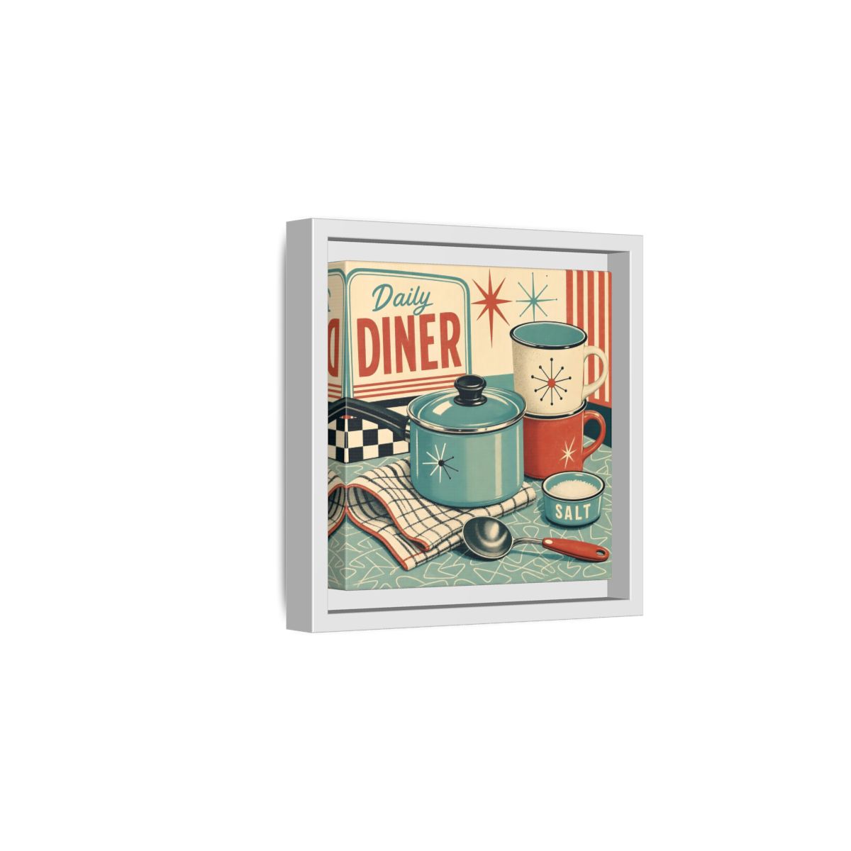 Side Mockup 1. Vintage Kitchenware Retro Kitchenware shown as stretched canvas wall art