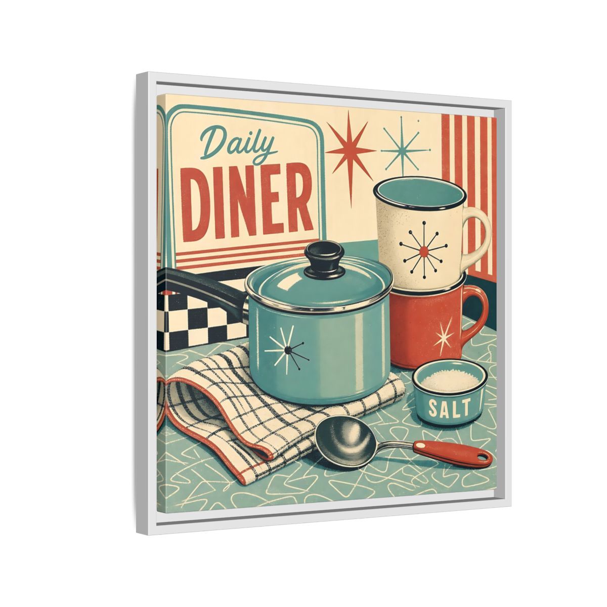 Side Mockup 10. Vintage Kitchenware Retro Kitchenware shown as stretched canvas wall art