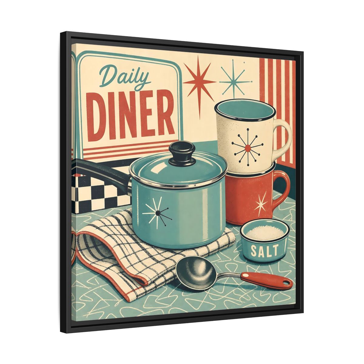 Side Mockup 31. Vintage Kitchenware Retro Kitchenware shown as stretched canvas wall art