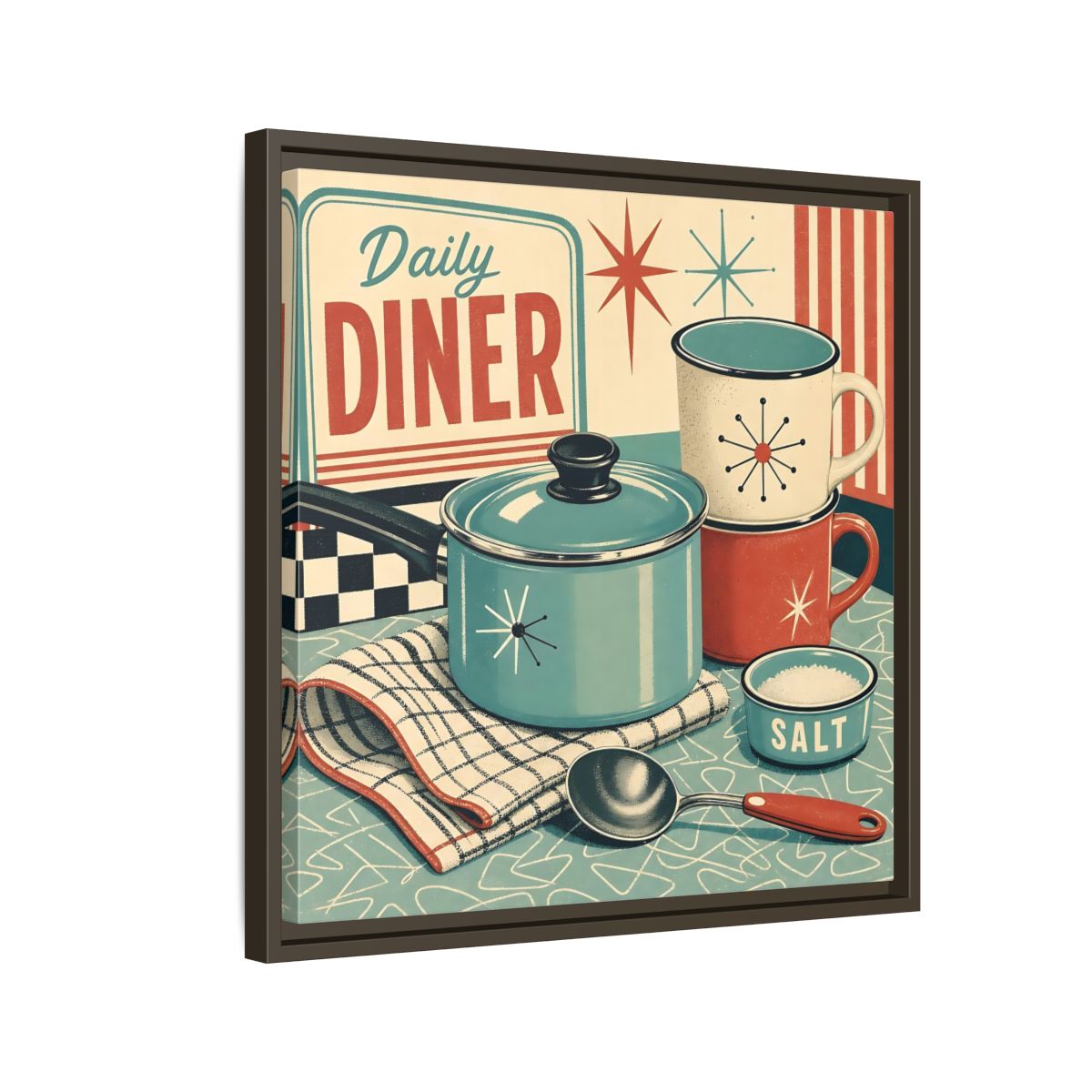 Side Mockup 11. Vintage Kitchenware Retro Kitchenware shown as stretched canvas wall art