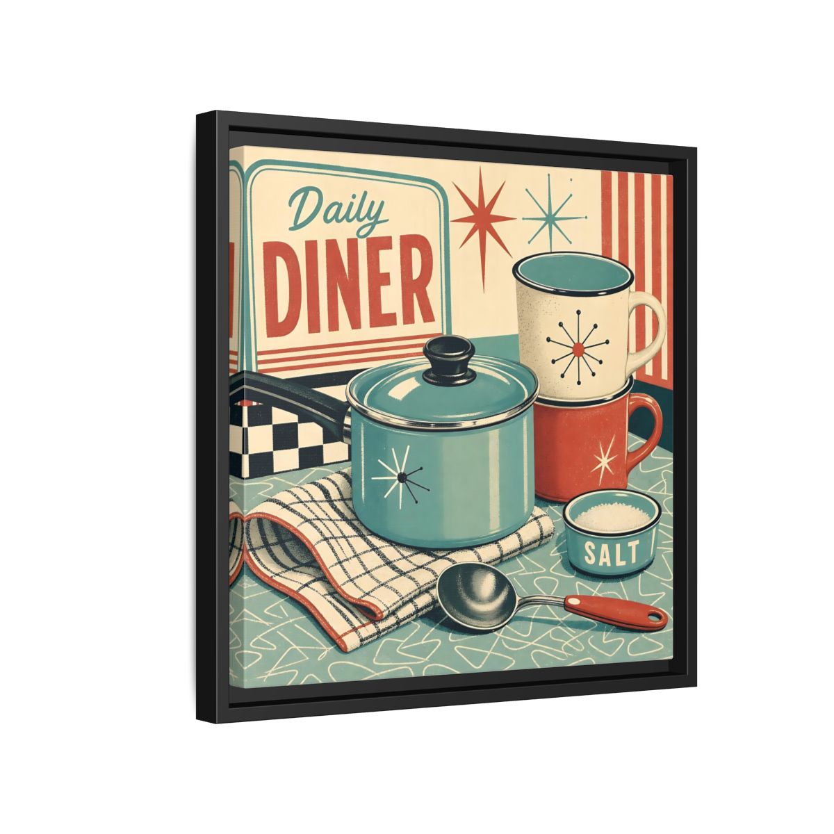 Side Mockup 15. Vintage Kitchenware Retro Kitchenware shown as stretched canvas wall art