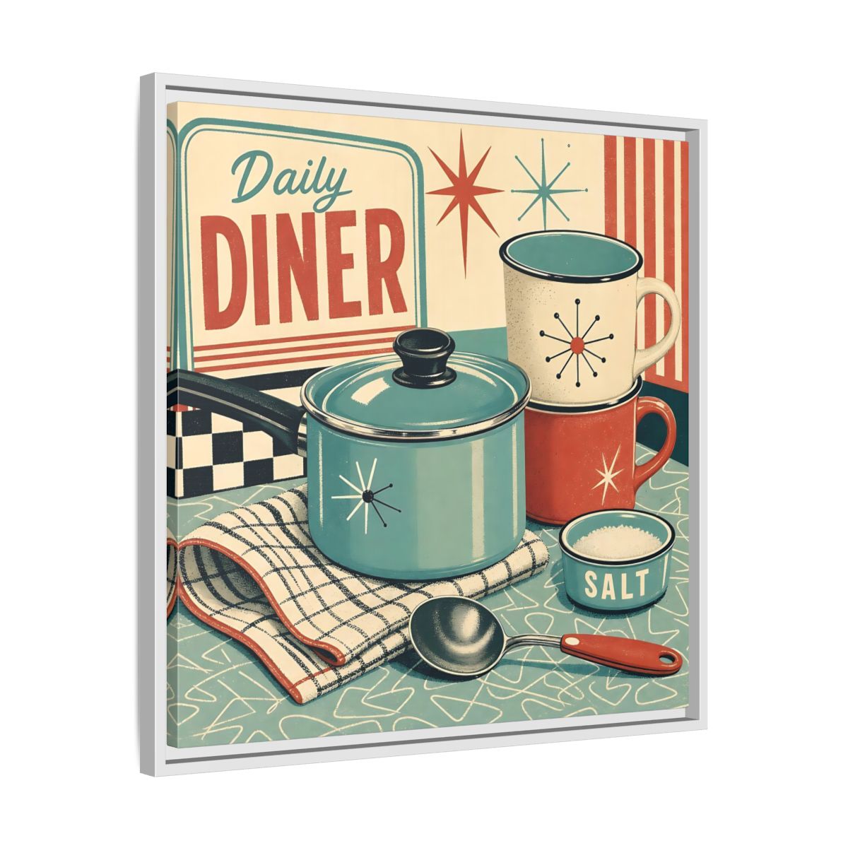 Side Mockup 26. Vintage Kitchenware Retro Kitchenware shown as stretched canvas wall art
