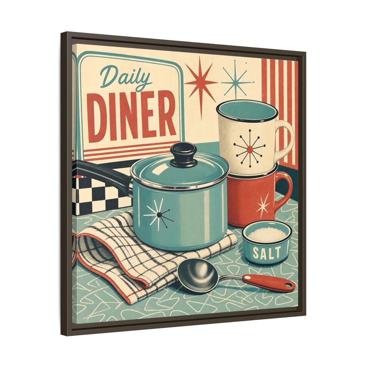 Side Mockup 27. Vintage Kitchenware Retro Kitchenware shown as stretched canvas wall art