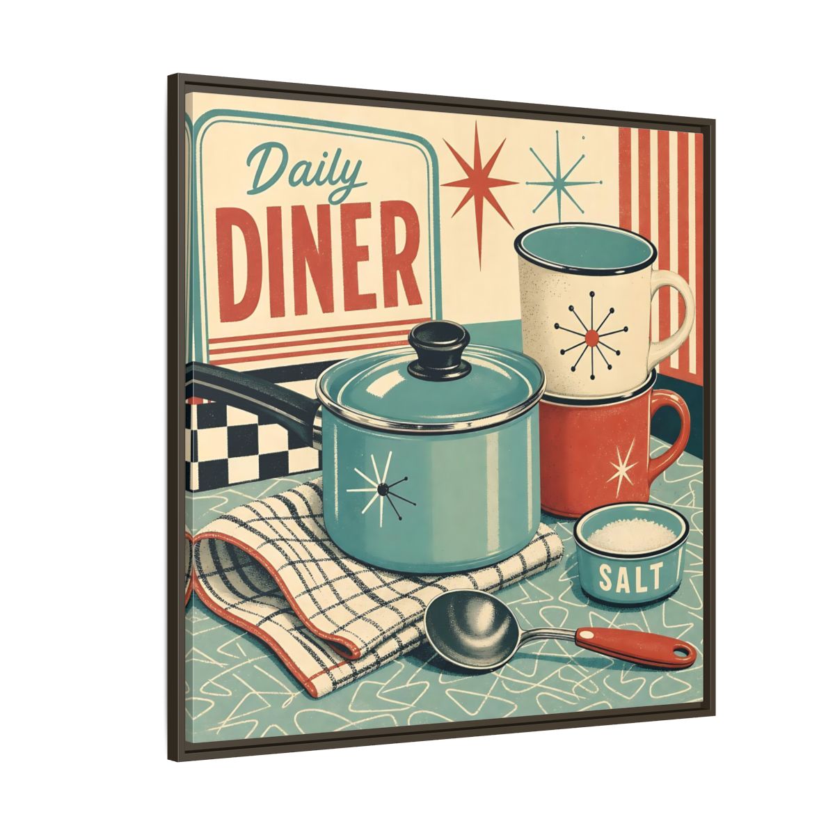 Side Mockup 5. Vintage Kitchenware Retro Kitchenware shown as stretched canvas wall art