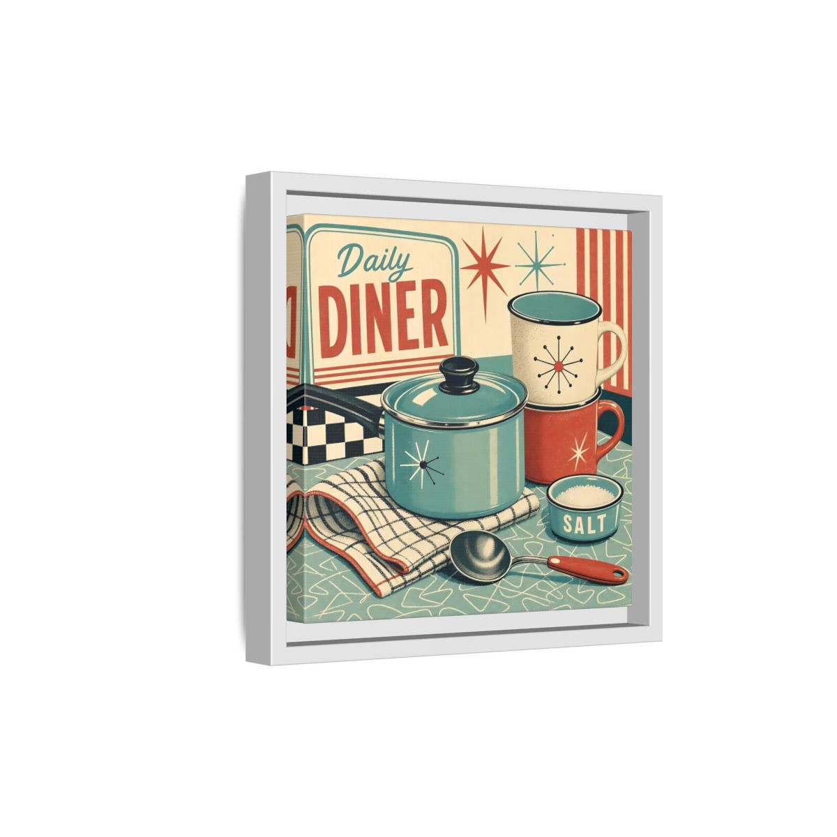 Side Mockup 19. Vintage Kitchenware Retro Kitchenware shown as stretched canvas wall art