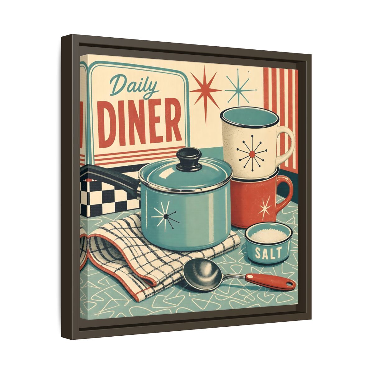 Side Mockup 29. Vintage Kitchenware Retro Kitchenware shown as stretched canvas wall art