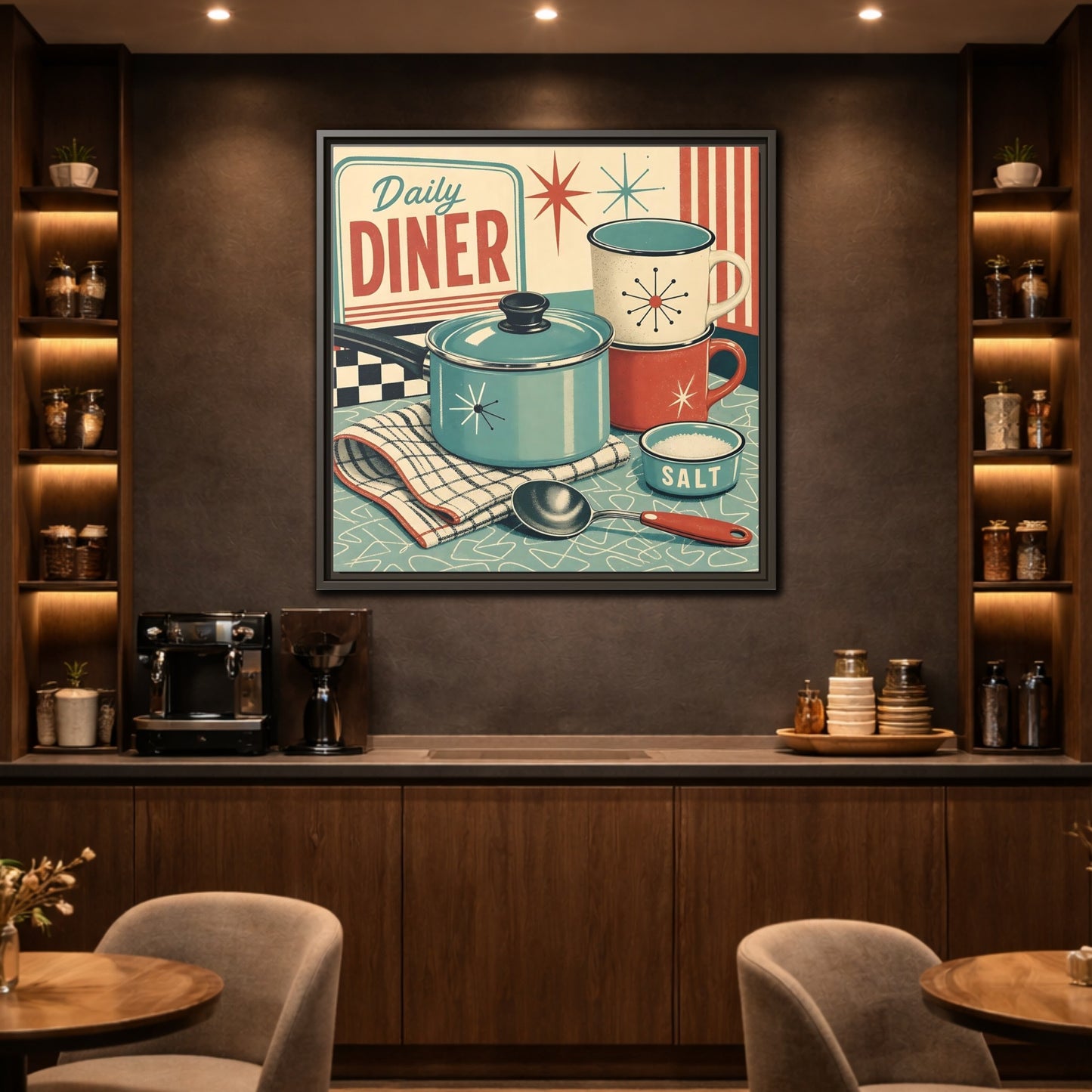 Mockup 2. Vintage Kitchenware Retro Kitchenware shown as stretched canvas wall art