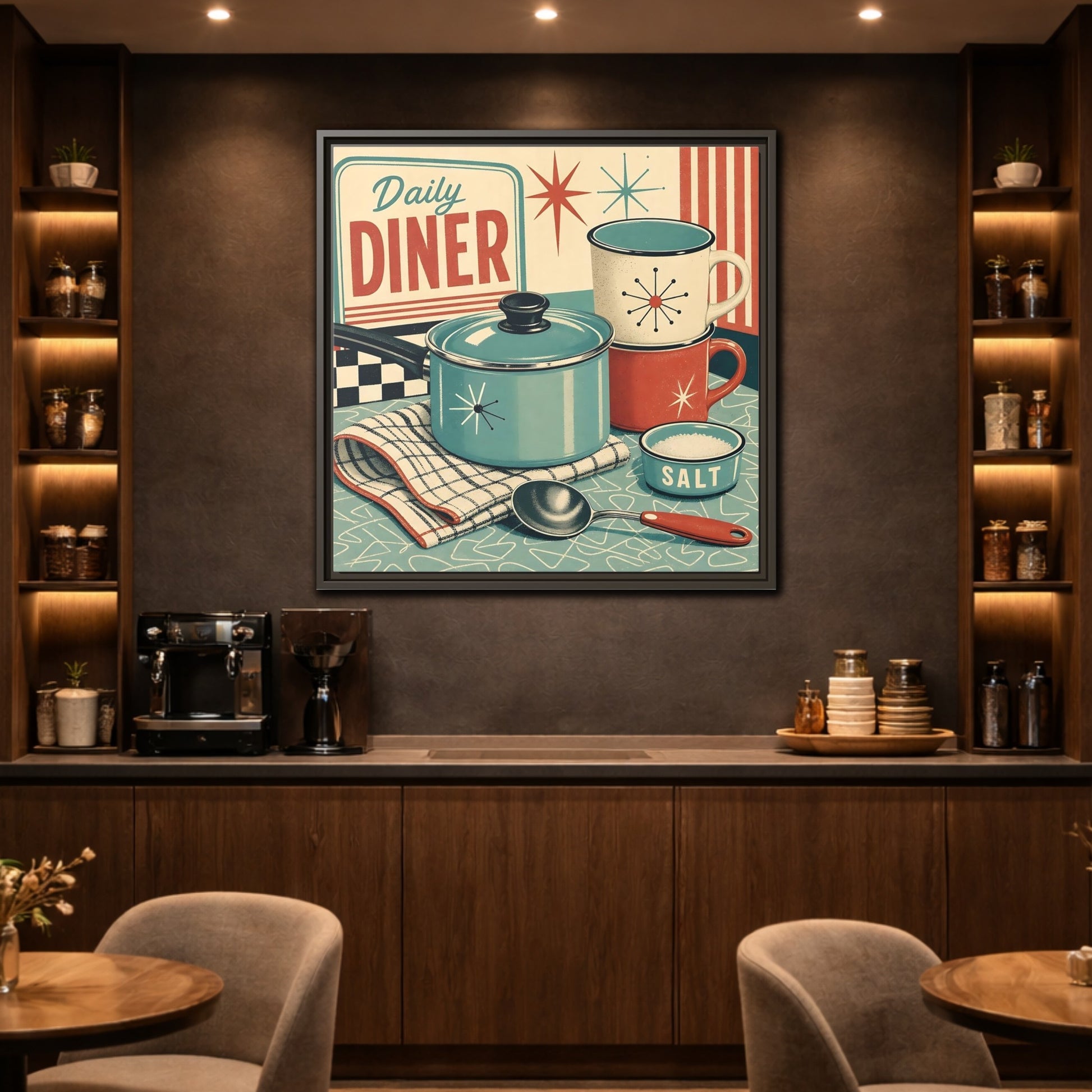 Mockup 2. Vintage Kitchenware Retro Kitchenware shown as stretched canvas wall art