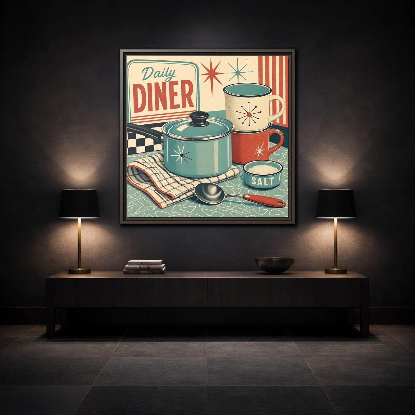 Mockup 3. Vintage Kitchenware Retro Kitchenware shown as stretched canvas wall art