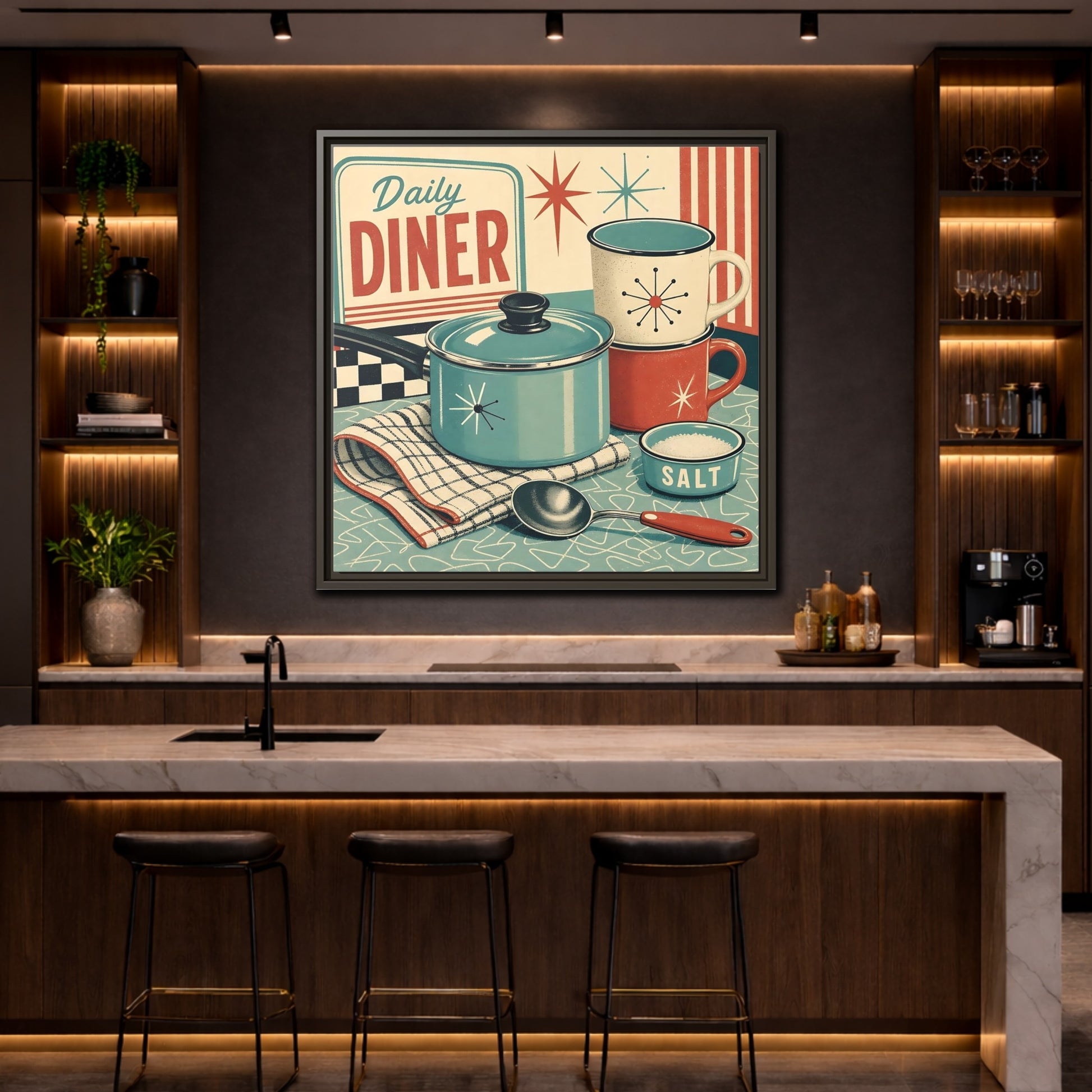 Mockup 4. Vintage Kitchenware Retro Kitchenware shown as stretched canvas wall art