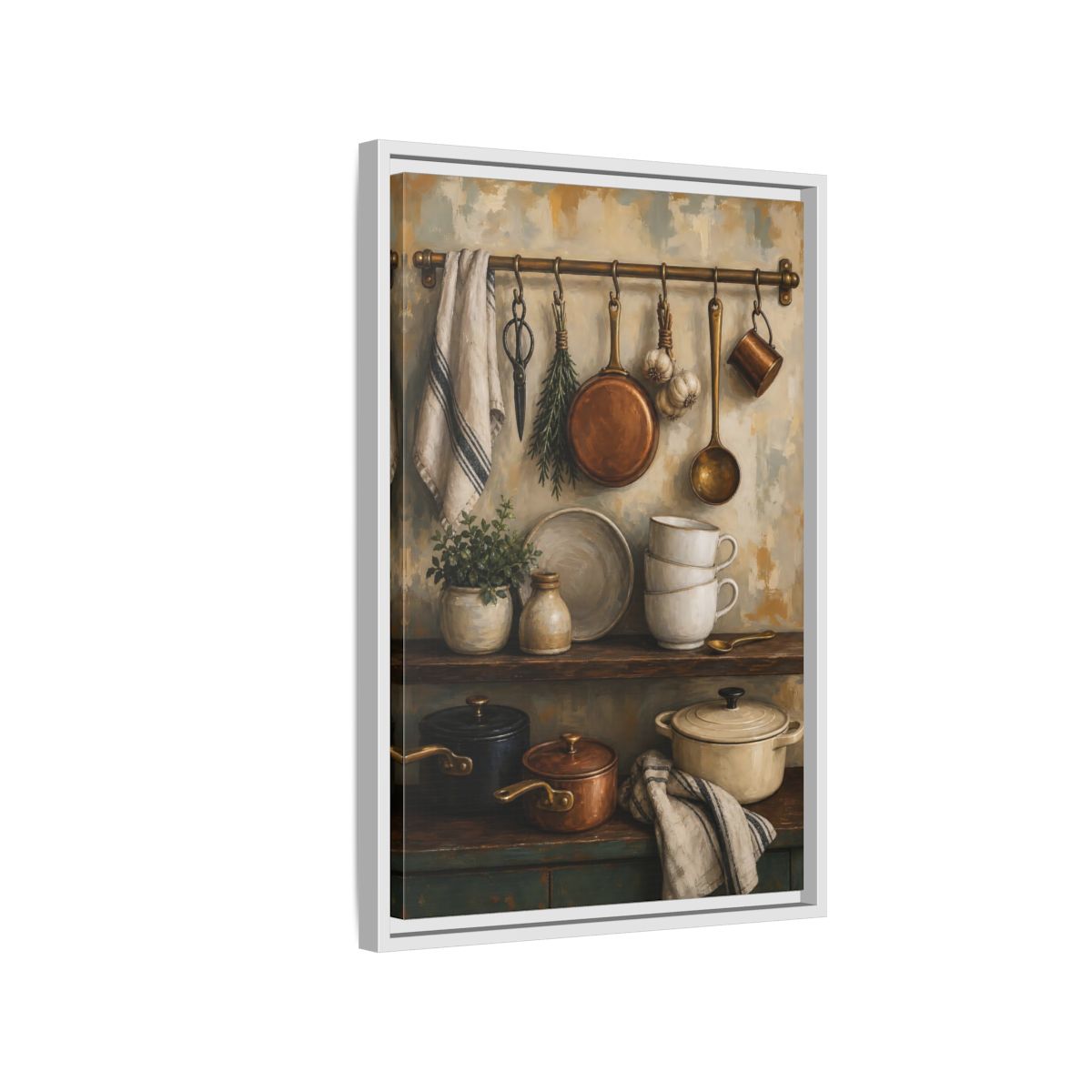 Side Mockup 1. Vintage Kitchenware Rustic Kitchenware shown as framed canvas print