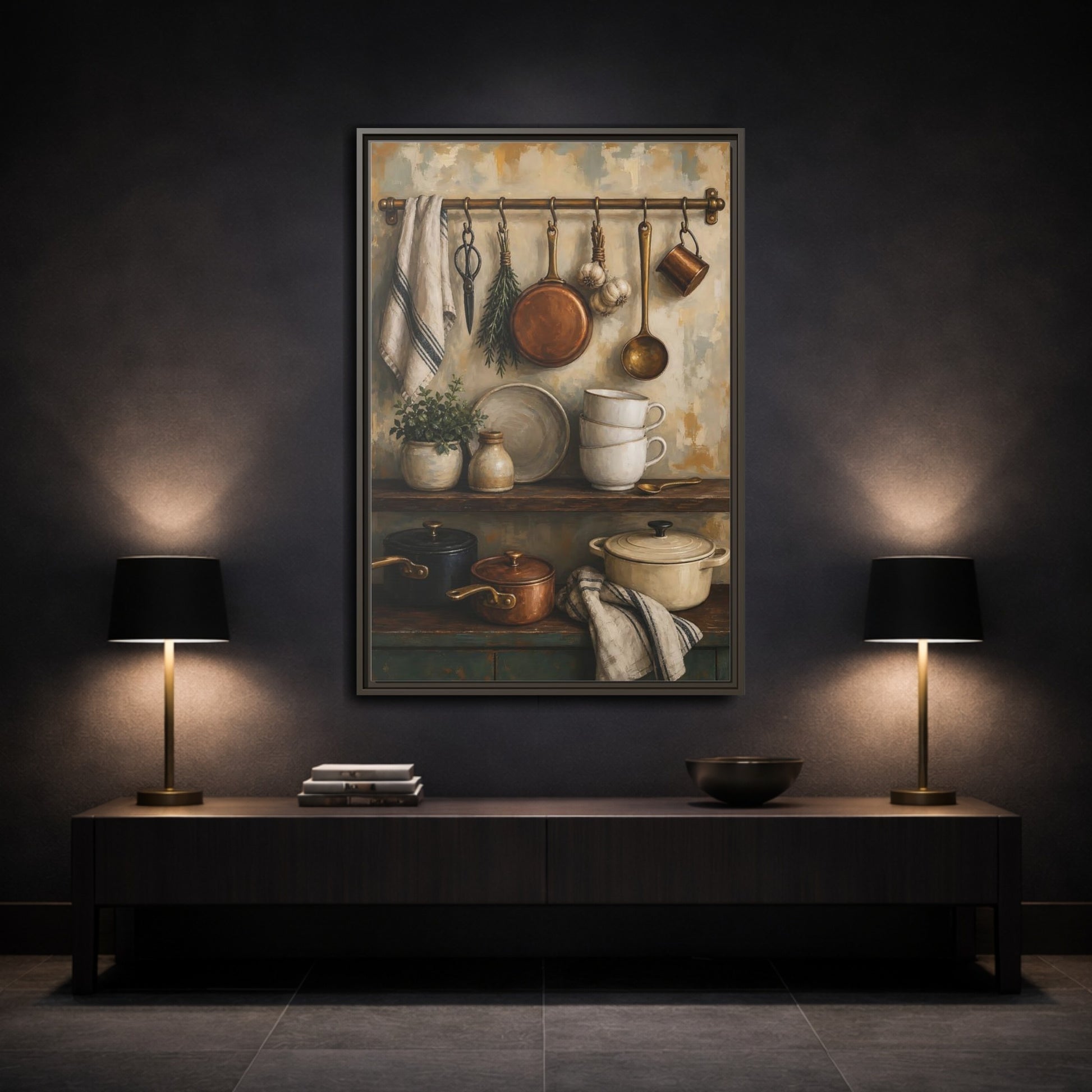 Mockup 2. Vintage Kitchenware Rustic Kitchenware shown as framed canvas print