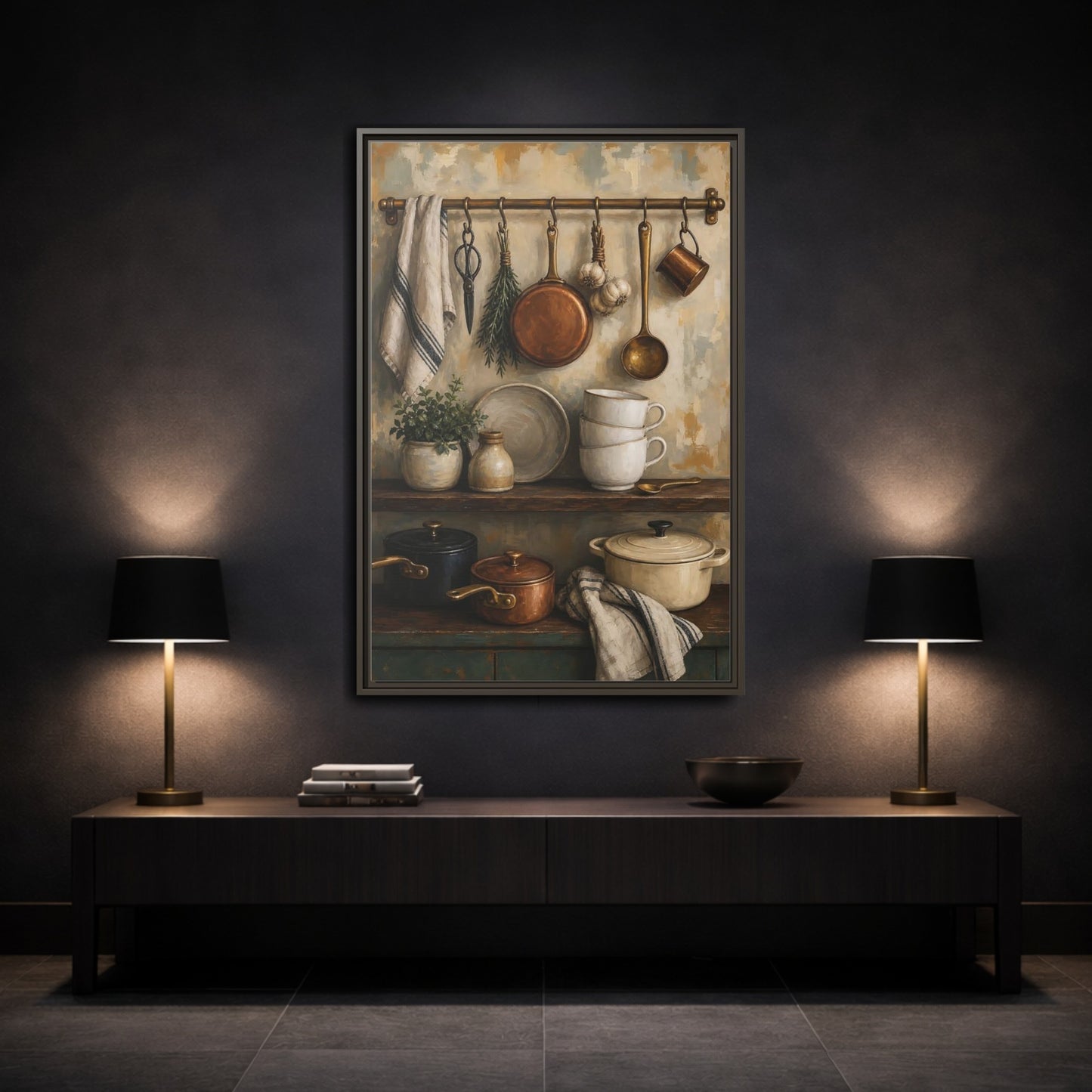 Mockup 3. Vintage Kitchenware Rustic Kitchenware shown as framed canvas print
