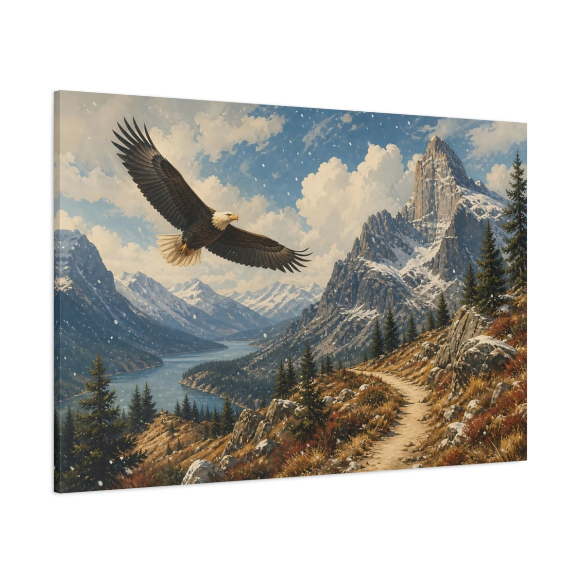 Side Mockup 1. Vintage Landscape Poster Soaring Eagle Near Rocky Highland In Falling Snow shown as stretched canvas wall art