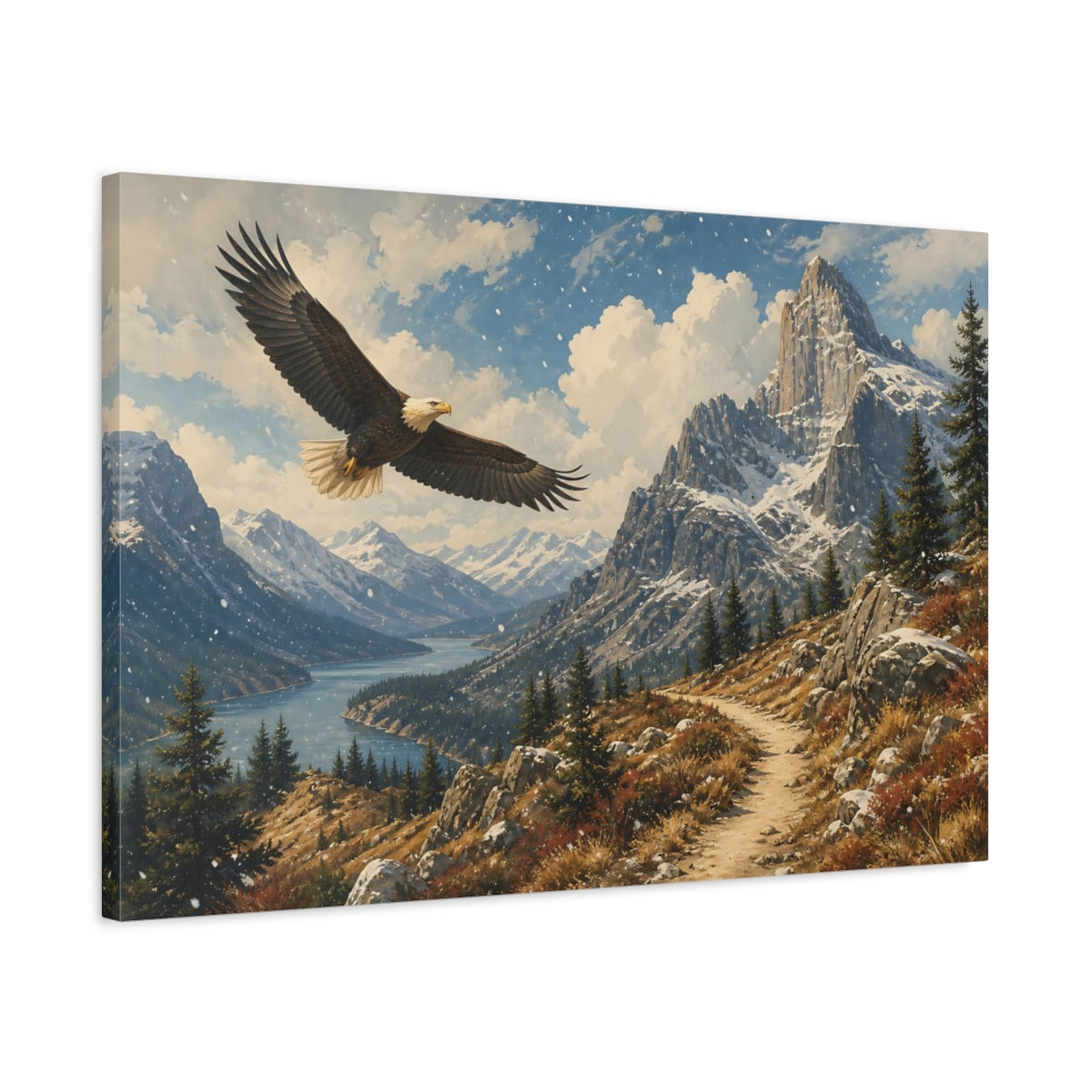 Side Mockup 2. Vintage Landscape Poster Soaring Eagle Near Rocky Highland In Falling Snow shown as stretched canvas wall art