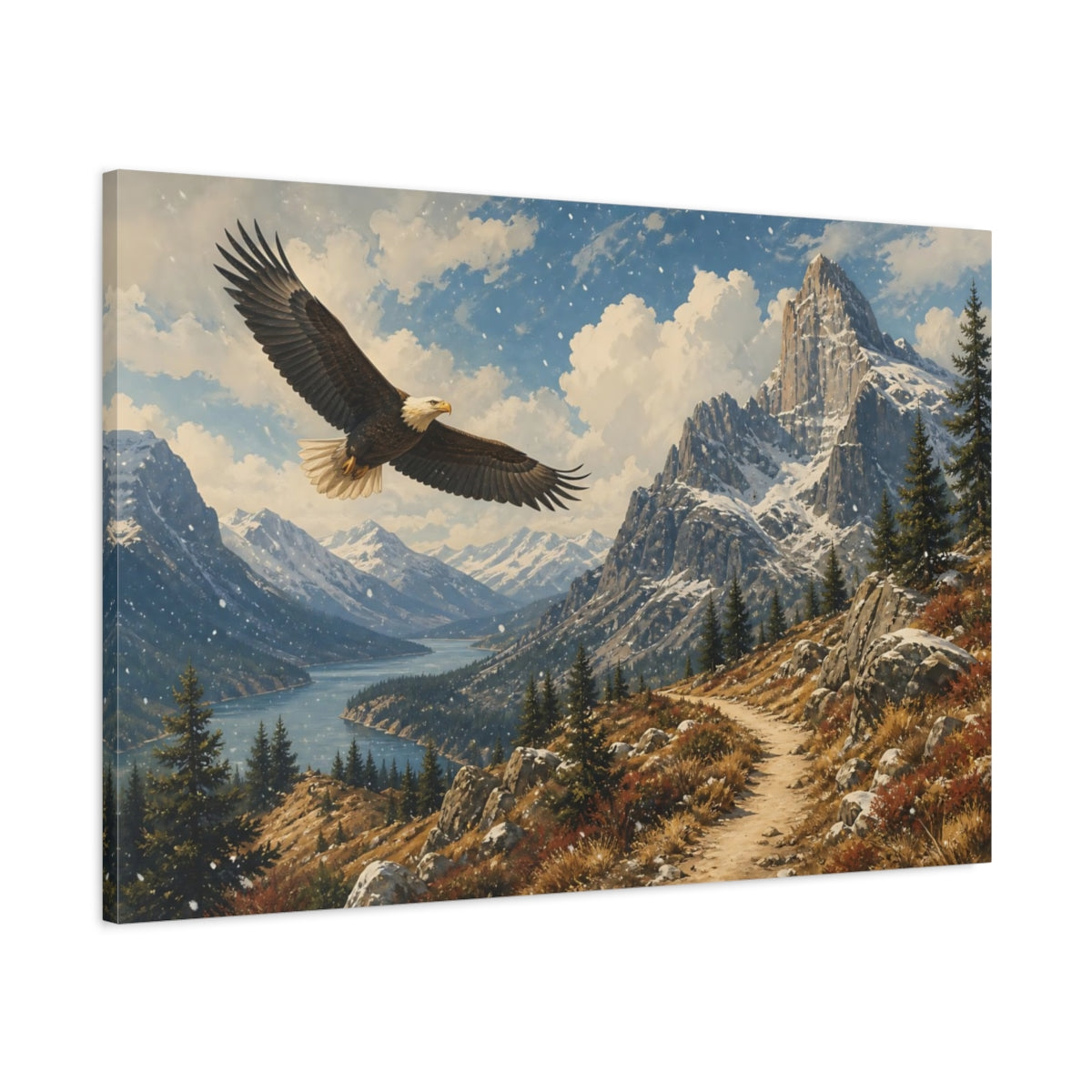 Main Mockup. Vintage Landscape Poster Soaring Eagle Near Rocky Highland In Falling Snow shown as stretched canvas wall art