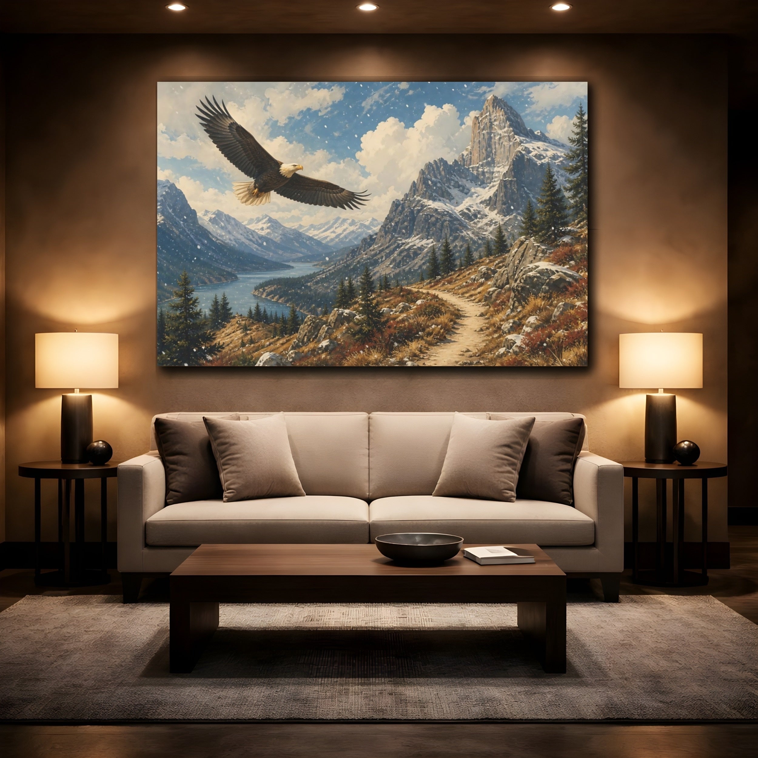 Mockup 2. Vintage Landscape Poster Soaring Eagle Near Rocky Highland In Falling Snow shown as stretched canvas wall art
