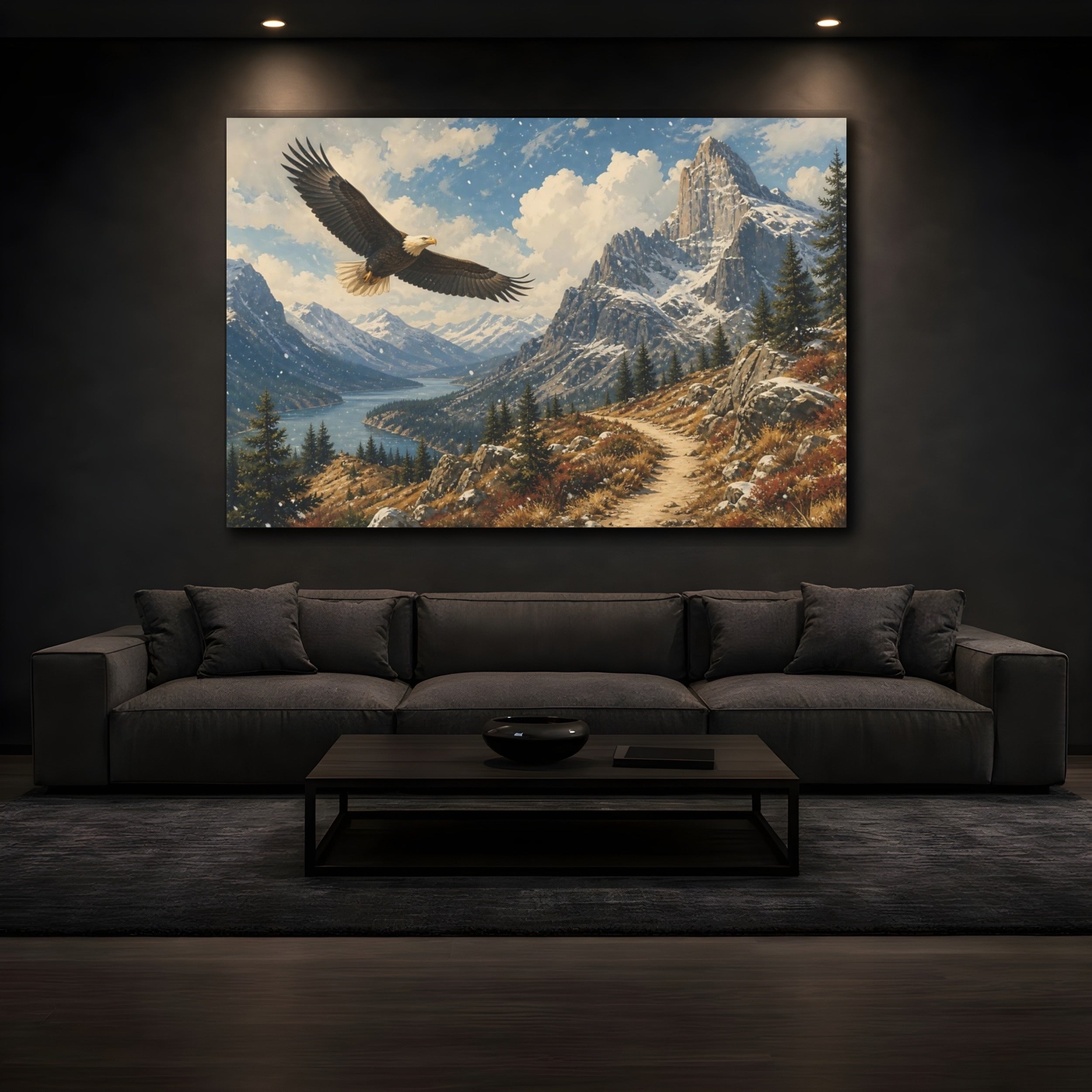 Mockup 3. Vintage Landscape Poster Soaring Eagle Near Rocky Highland In Falling Snow shown as stretched canvas wall art