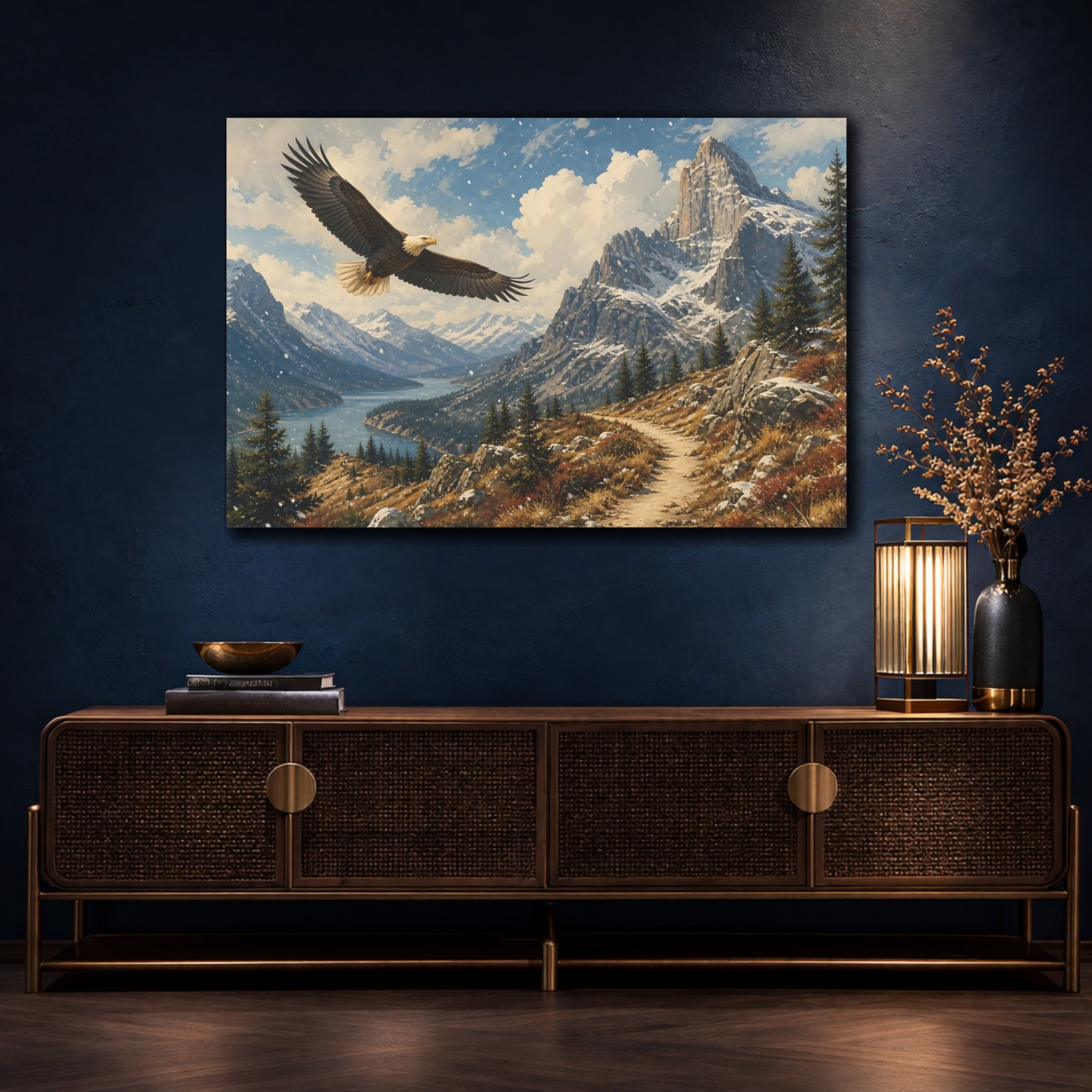 Mockup 4. Vintage Landscape Poster Soaring Eagle Near Rocky Highland In Falling Snow shown as stretched canvas wall art
