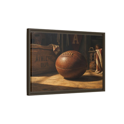 Side Mockup 2. Vintage Leather Football Still Life shown as framed canvas print