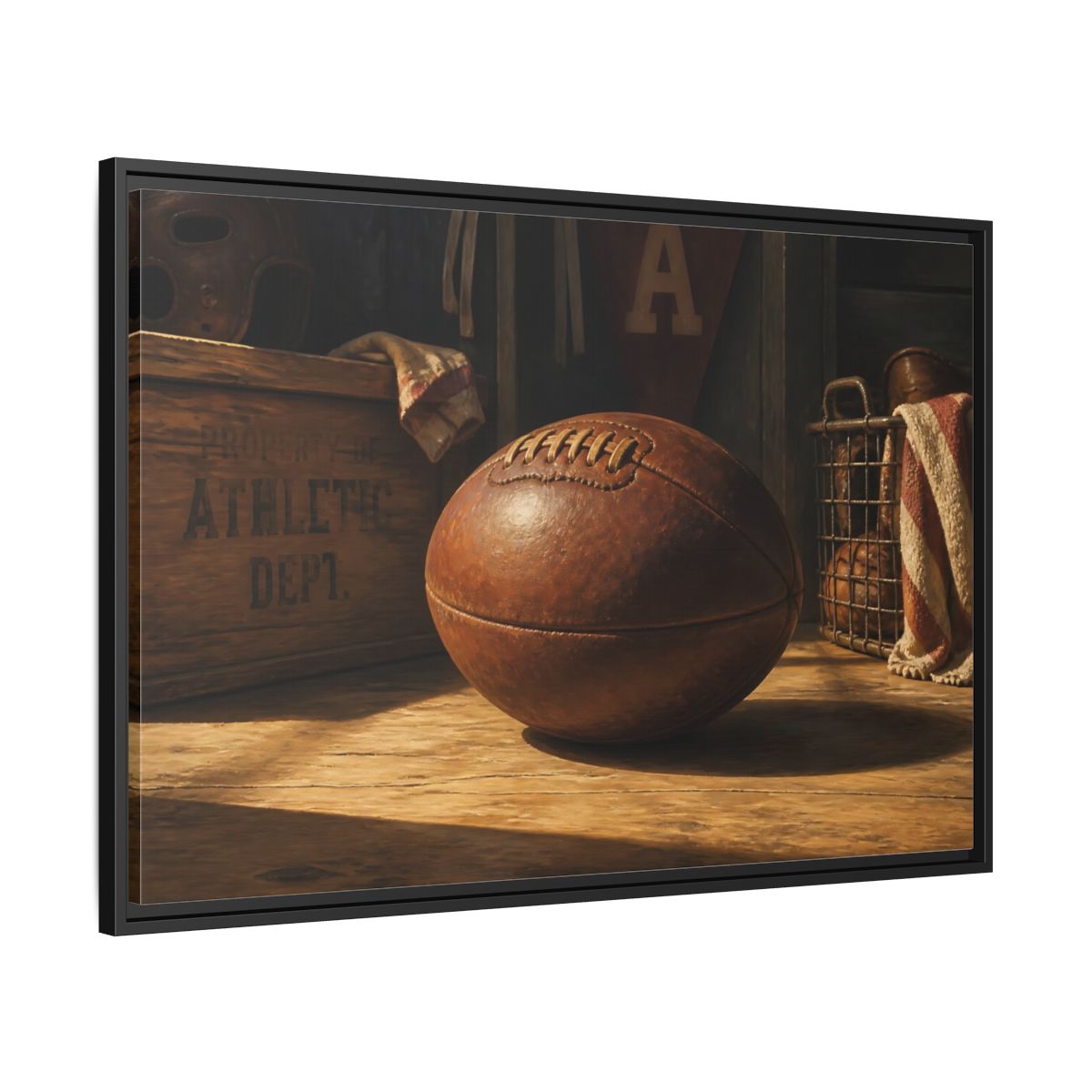 Side Mockup 13. Vintage Leather Football Still Life shown as framed canvas print