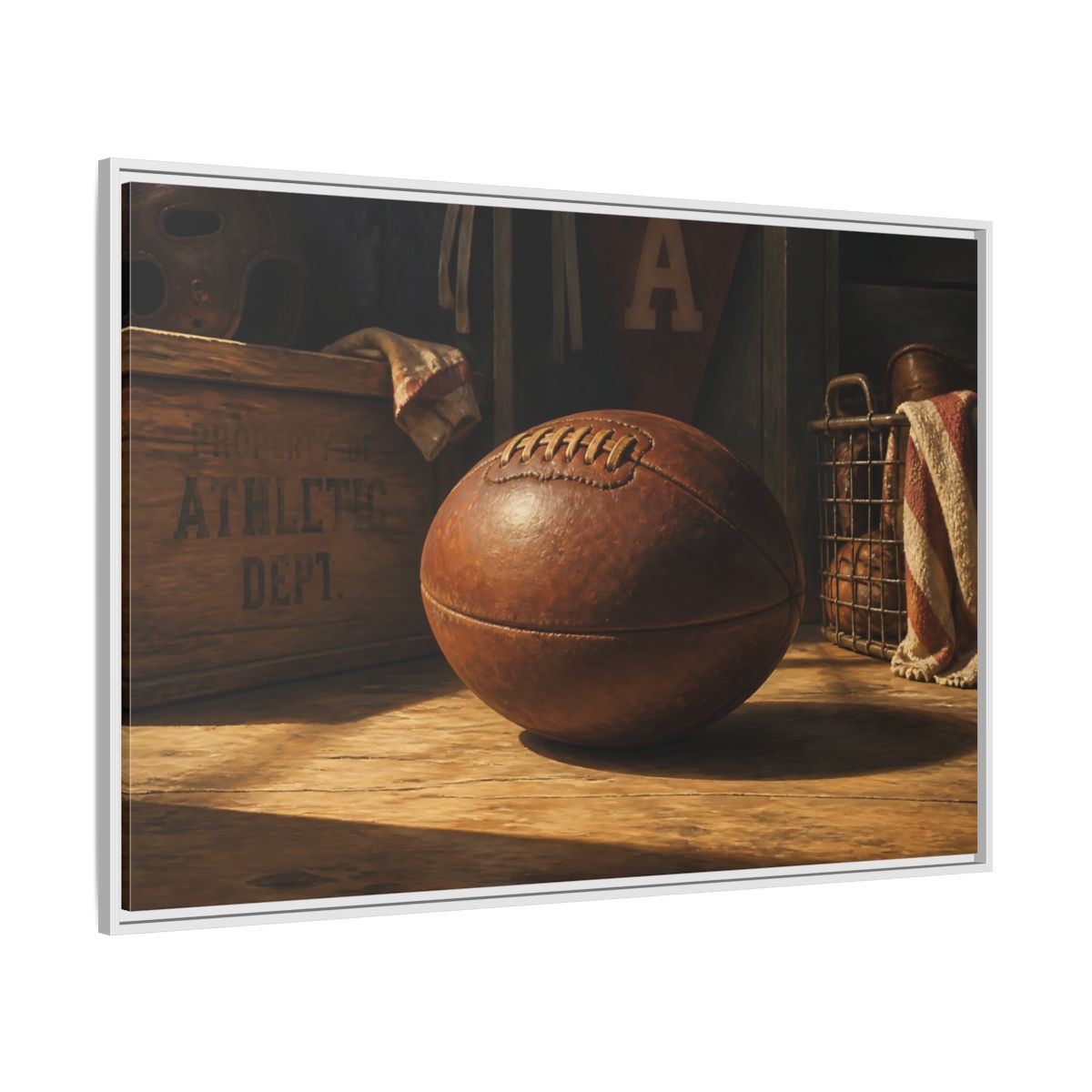 Side Mockup 7. Vintage Leather Football Still Life shown as framed canvas print