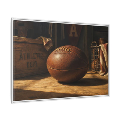 Side Mockup 7. Vintage Leather Football Still Life shown as framed canvas print