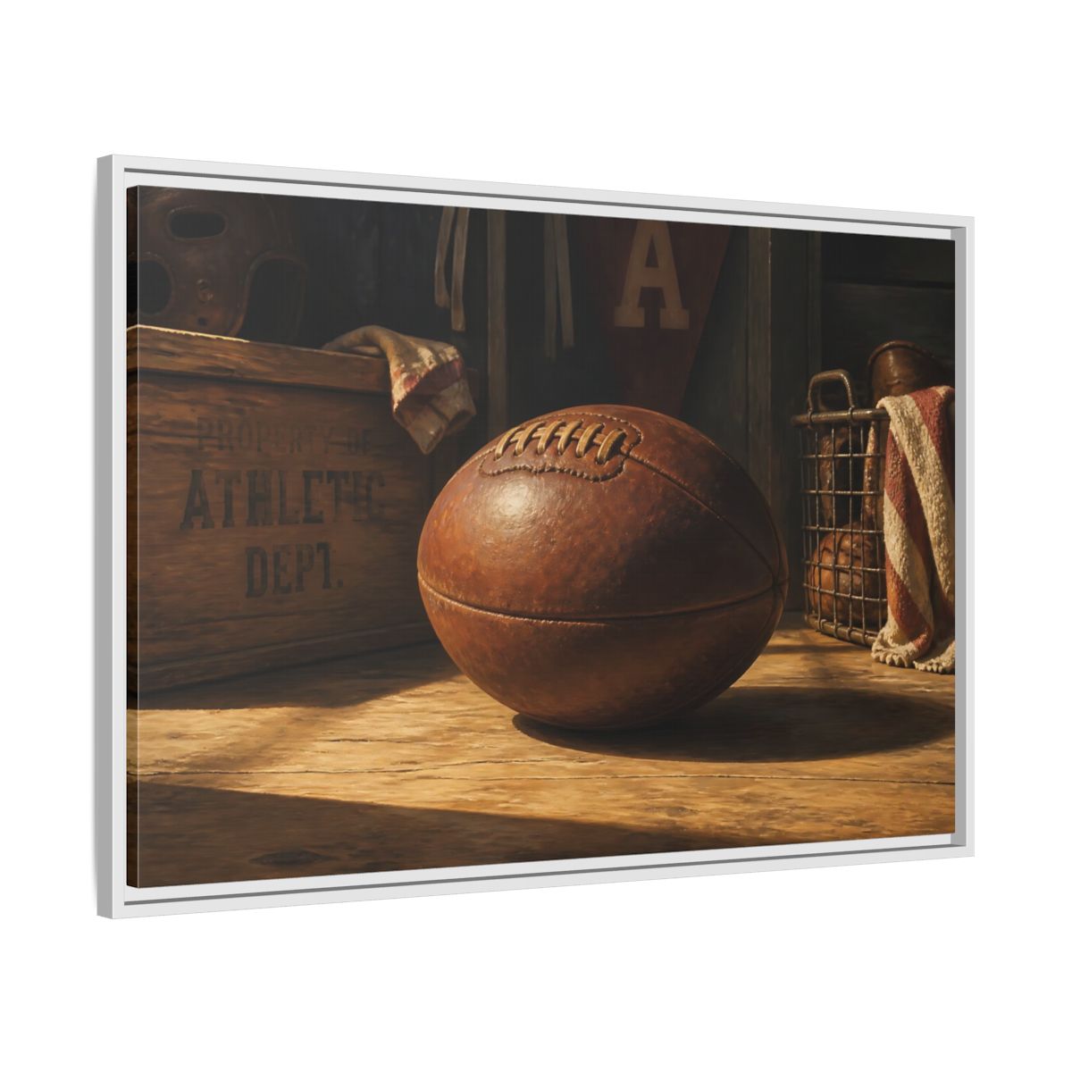 Side Mockup 9. Vintage Leather Football Still Life shown as framed canvas print