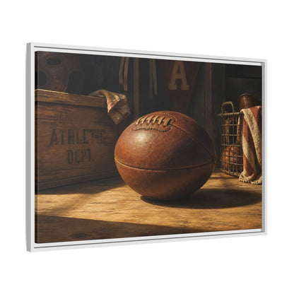 Side Mockup 9. Vintage Leather Football Still Life shown as framed canvas print
