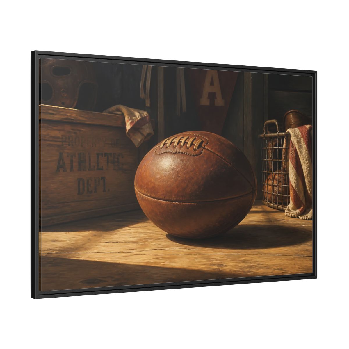 Side Mockup 12. Vintage Leather Football Still Life shown as framed canvas print