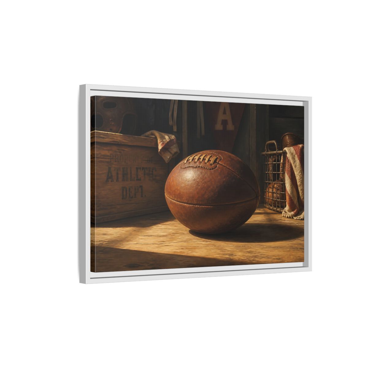 Side Mockup 1. Vintage Leather Football Still Life shown as framed canvas print