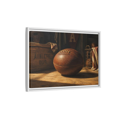 Side Mockup 1. Vintage Leather Football Still Life shown as framed canvas print