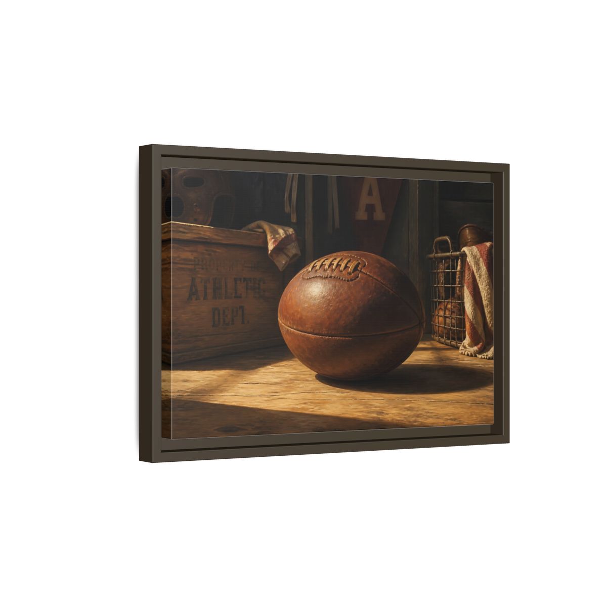 Side Mockup 5. Vintage Leather Football Still Life shown as framed canvas print