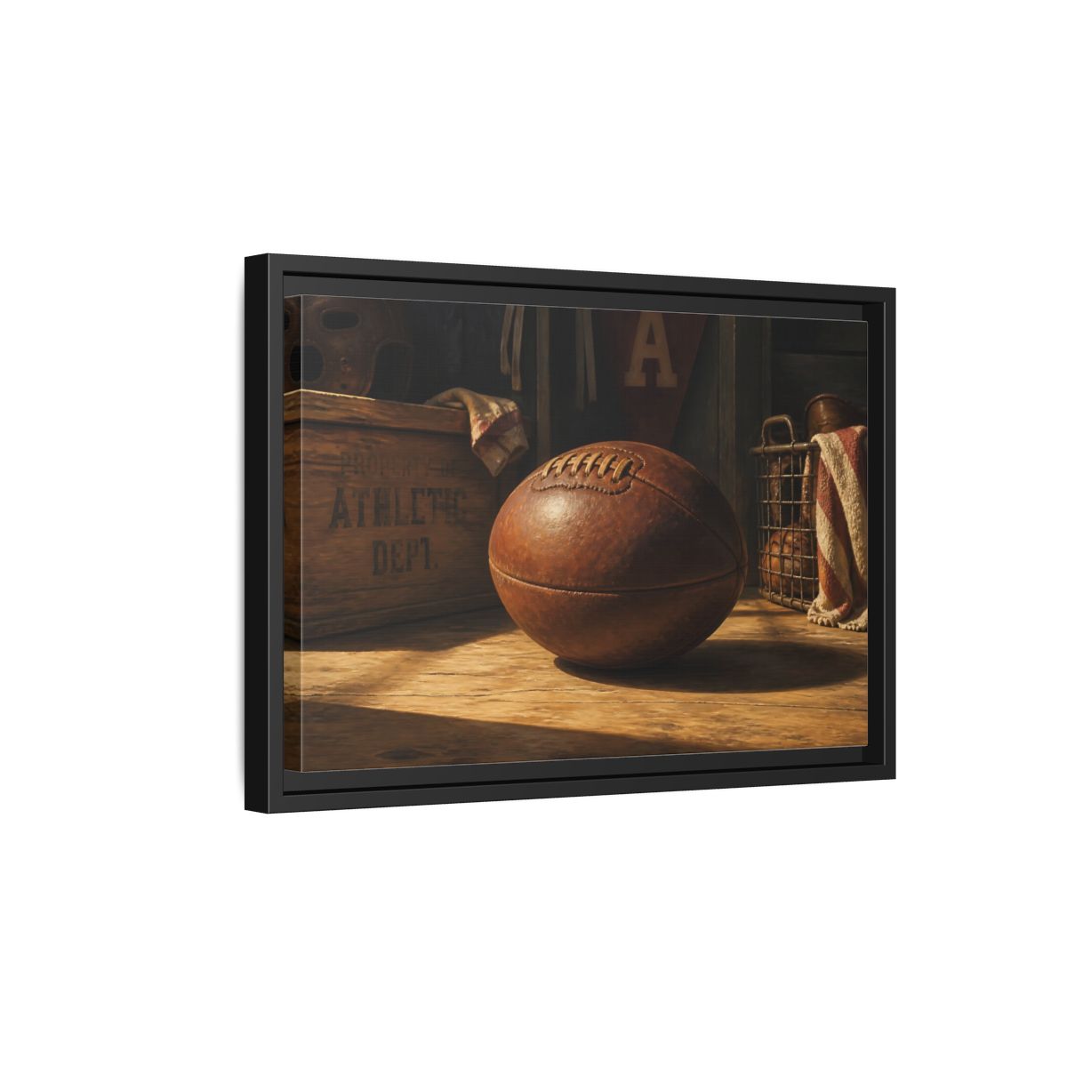 Side Mockup 6. Vintage Leather Football Still Life shown as framed canvas print