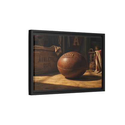 Side Mockup 6. Vintage Leather Football Still Life shown as framed canvas print