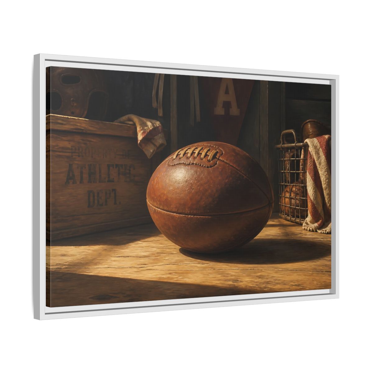 Side Mockup 10. Vintage Leather Football Still Life shown as framed canvas print