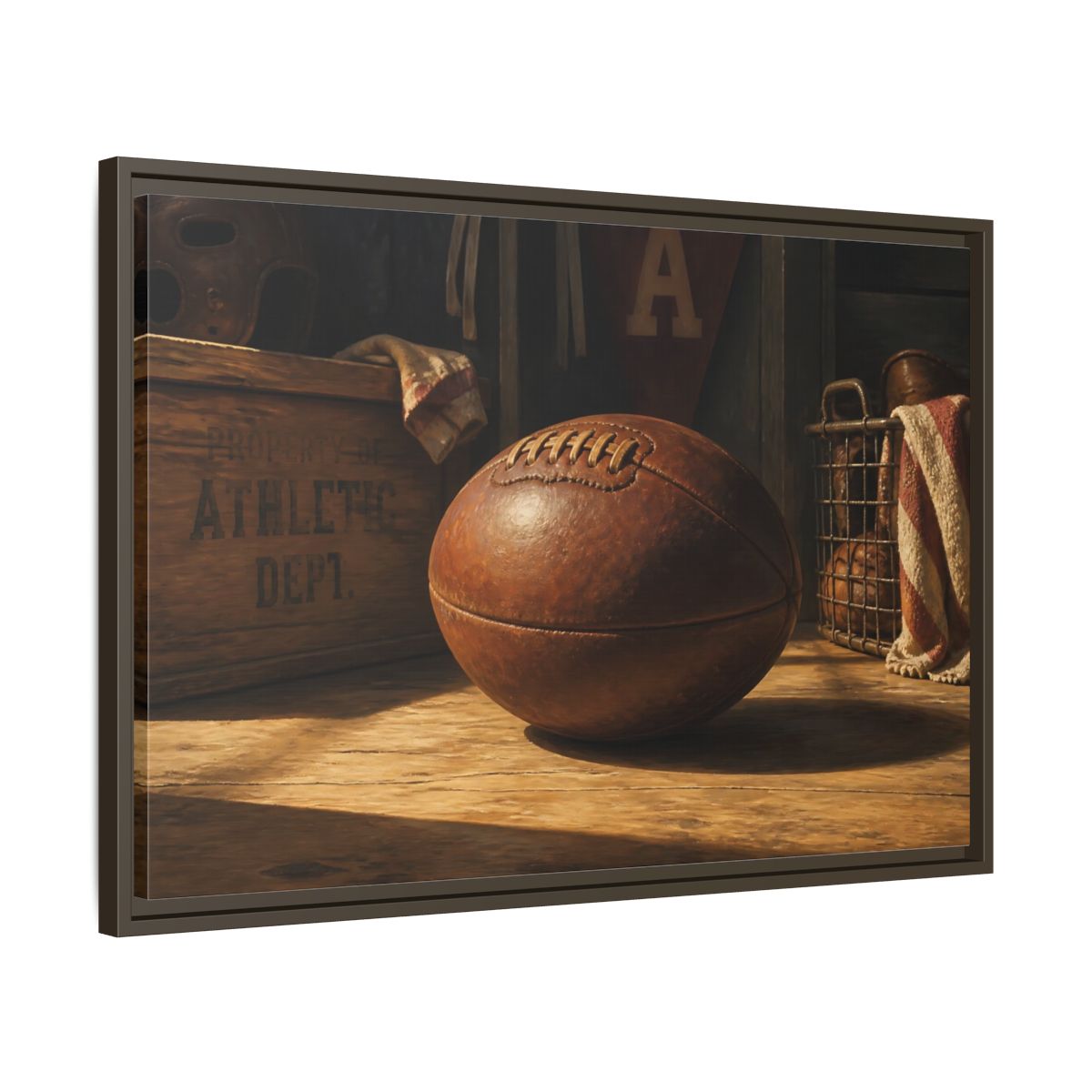 Side Mockup 11. Vintage Leather Football Still Life shown as framed canvas print